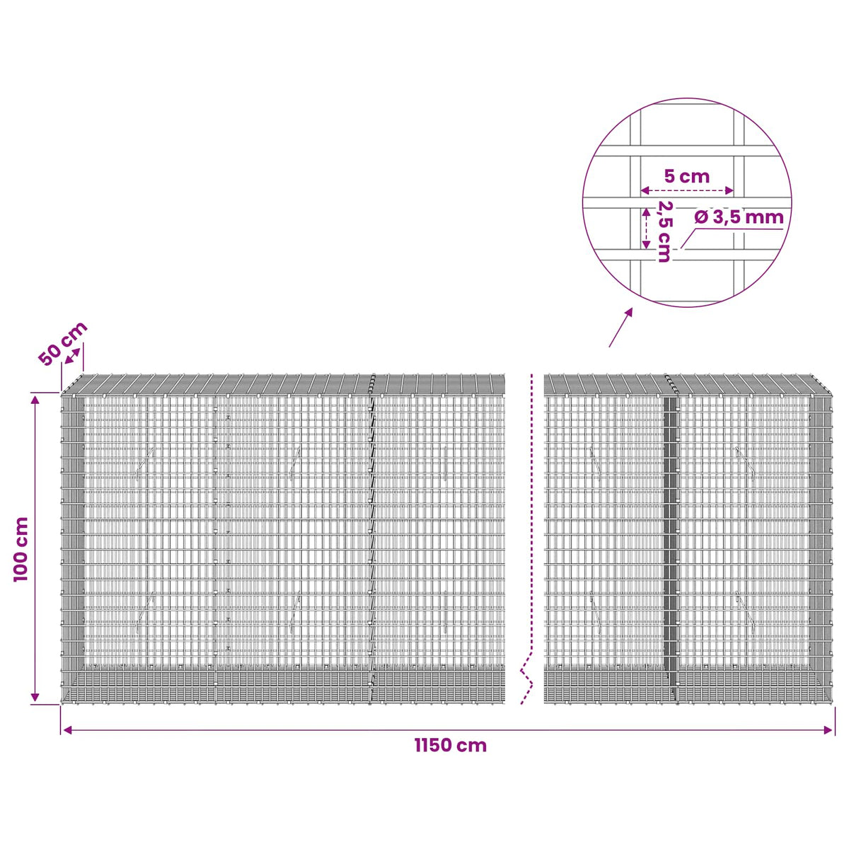 Gabionas su 3,5 mm viela ir 5x2,5 cm tinkleliu 1150x50x100 cm