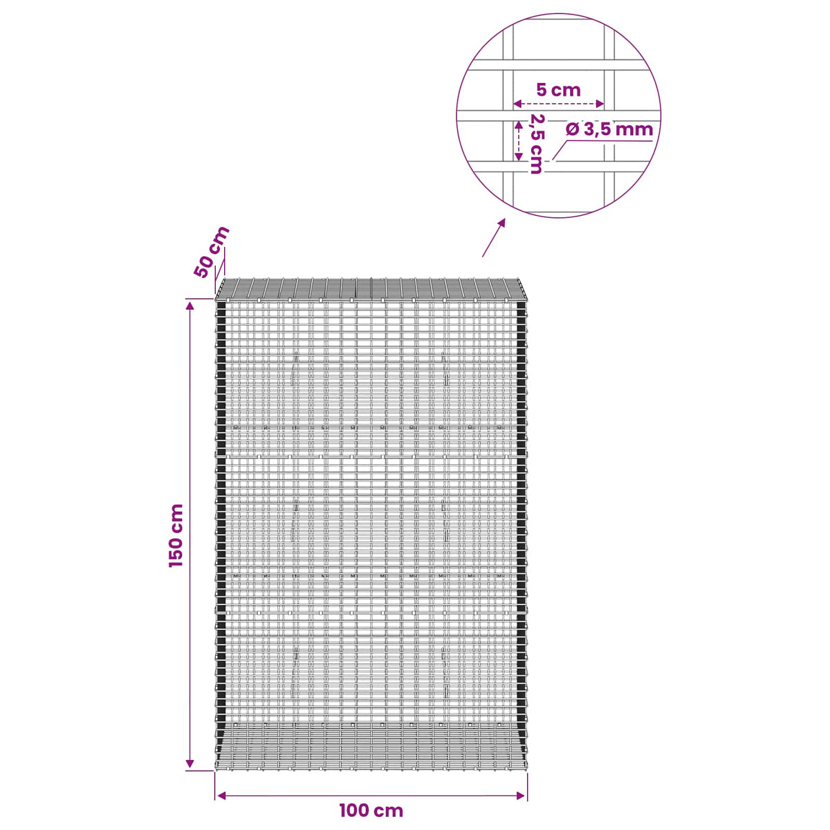Gabionas su 3,5 mm viela ir 5x2,5 cm tinkleliu 100x50x150 cm