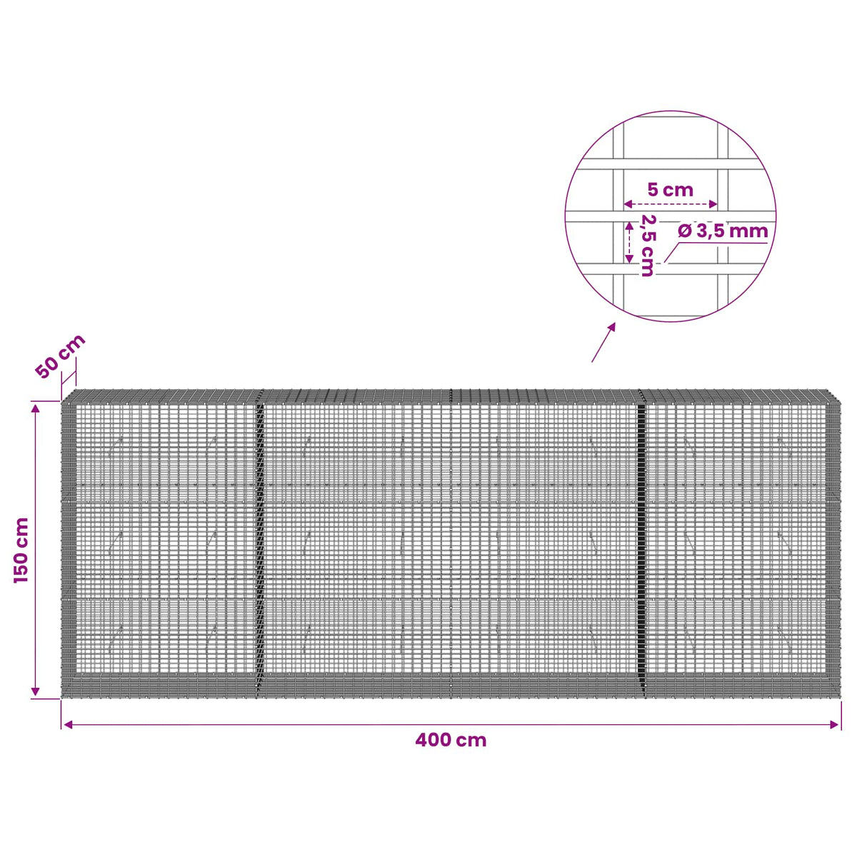 Gabionas su 3,5 mm viela ir 5x2,5 cm tinkleliu 400x50x150 cm