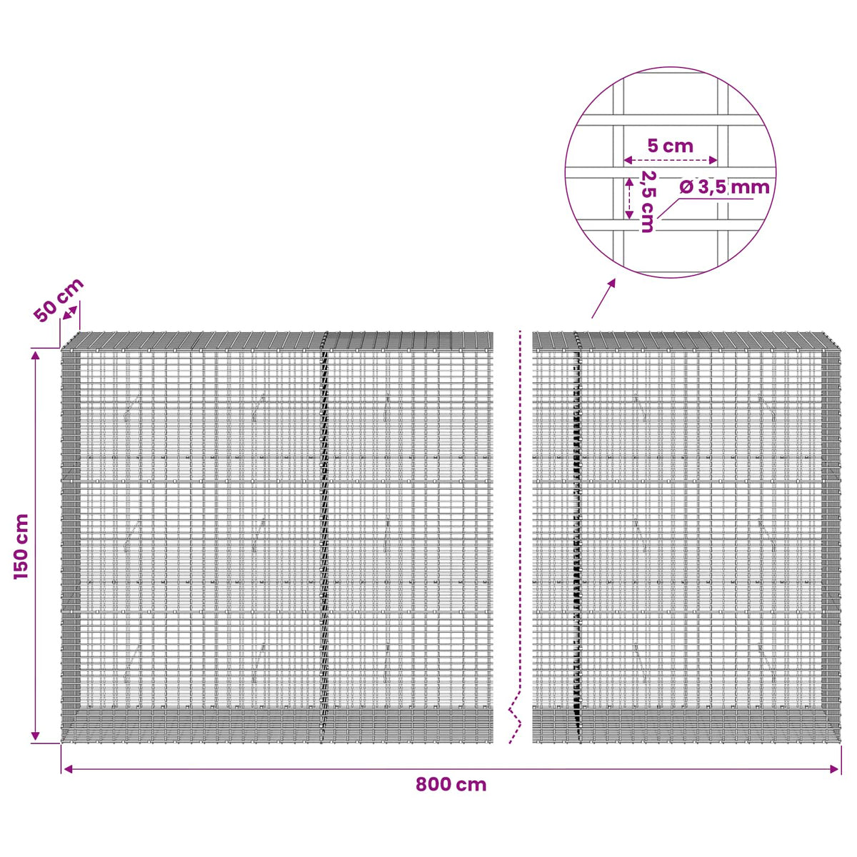 Gabionas su 3,5 mm viela ir 5x2,5 cm tinkleliu 800x50x150 cm