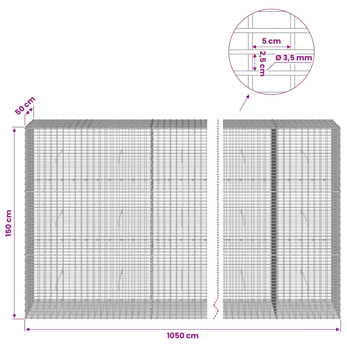 Gabionas su 3,5 mm viela ir 5x2,5 cm tinkleliu 1050x50x150 cm
