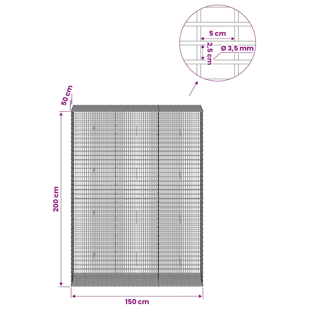 Gabionas su 3,5 mm viela ir 5x2,5 cm tinkleliu 150x50x200 cm