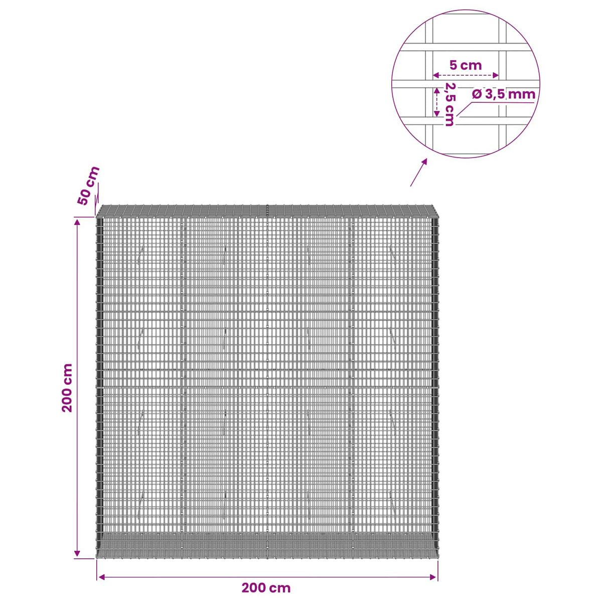 Gabionas su 3,5 mm viela ir 5x2,5 cm tinkleliu 200x50x200 cm