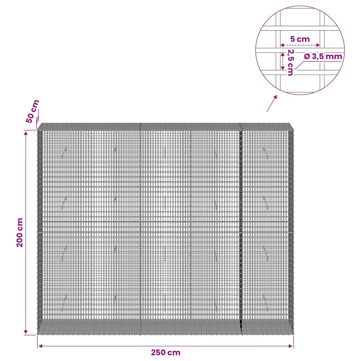 Gabionas su 3,5 mm viela ir 5x2,5 cm tinkleliu 250x50x200 cm