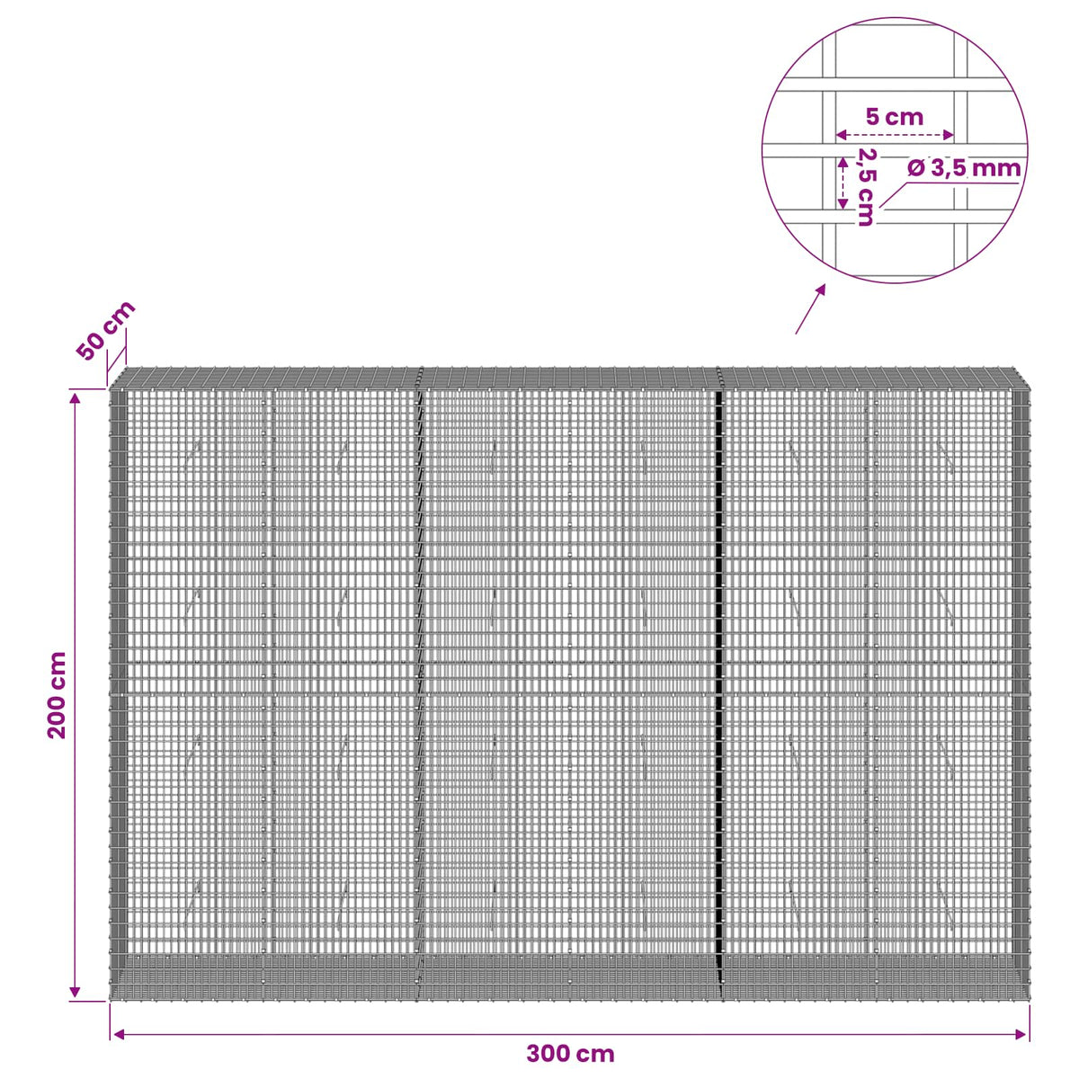 Gabionas su 3,5 mm viela ir 5x2,5 cm tinkleliu 300x50x200 cm
