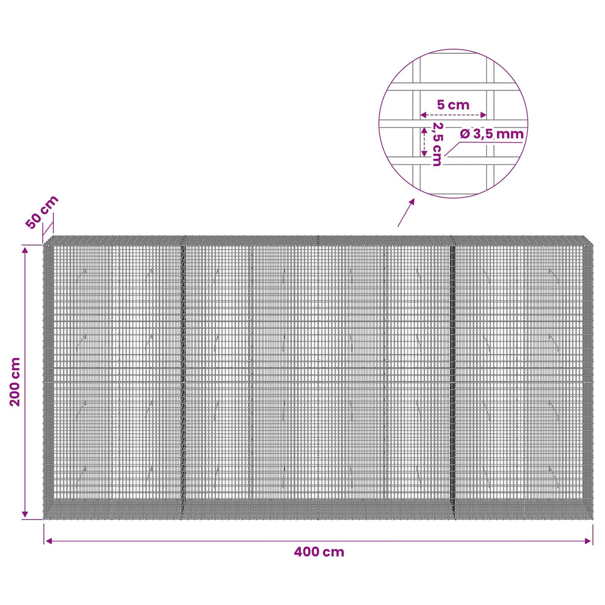 Gabionas su 3,5 mm viela ir 5x2,5 cm tinkleliu 400x50x200 cm