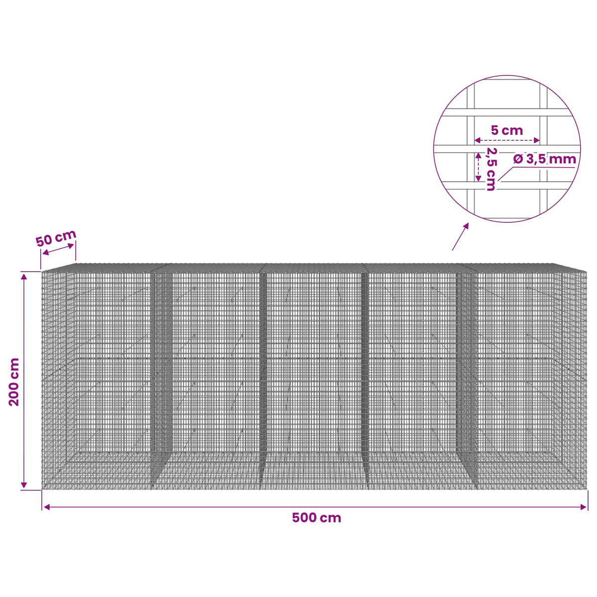 Gabionas su 3,5 mm viela ir 5x2,5 cm tinkleliu 500x50x200 cm