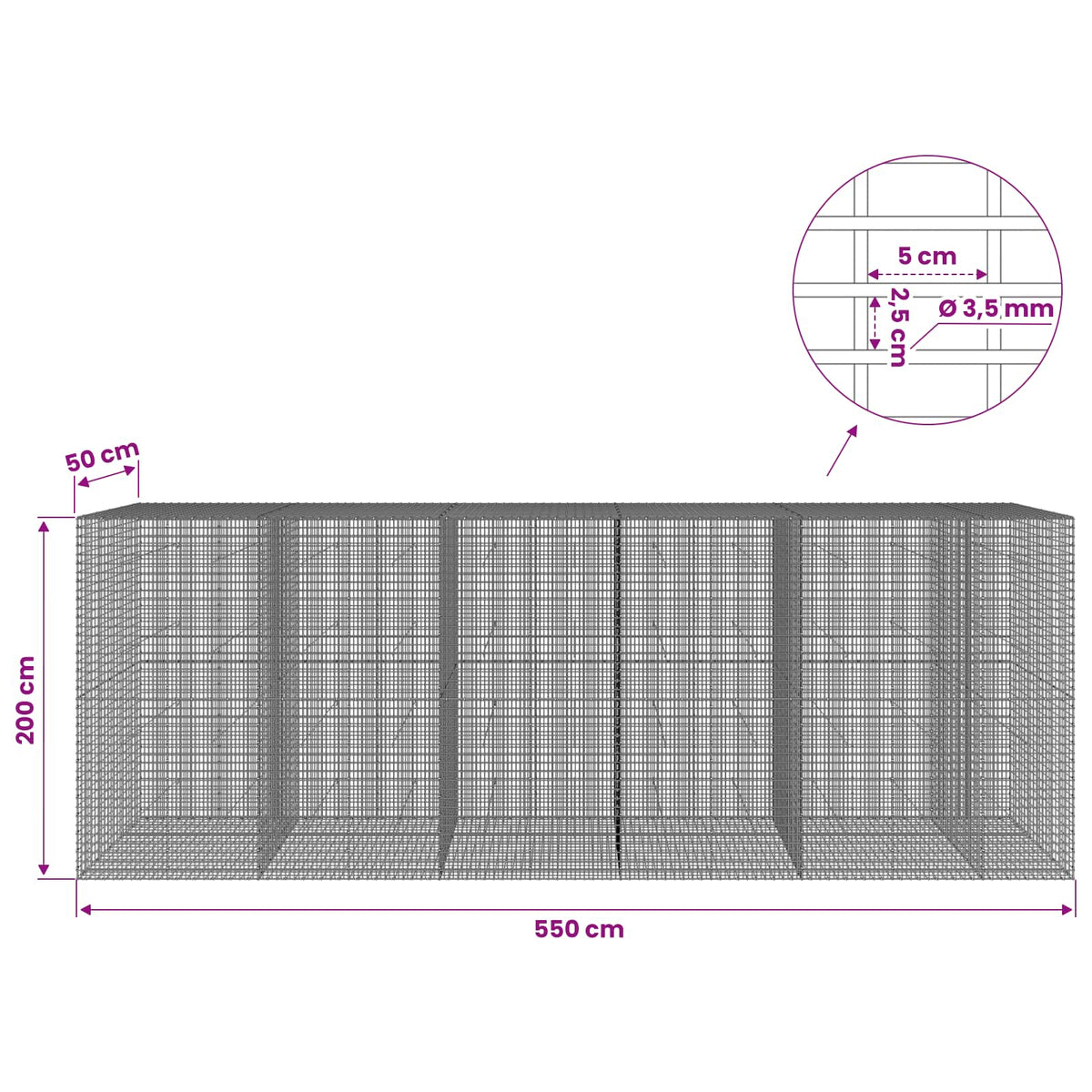 Gabionas su 3,5 mm viela ir 5x2,5 cm tinkleliu 550x50x200 cm