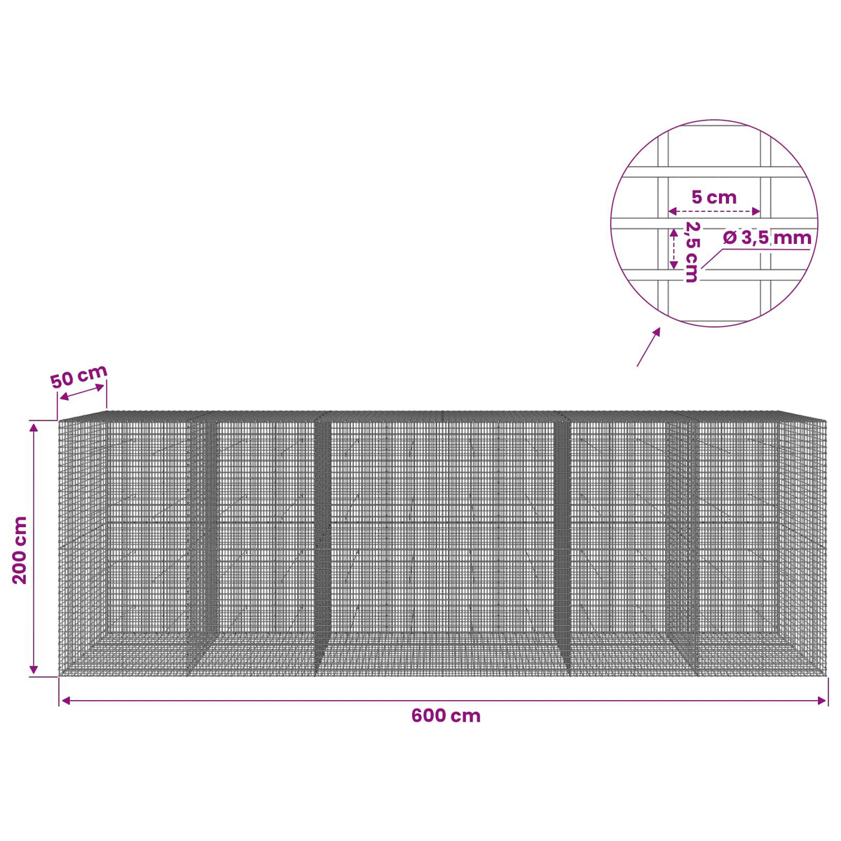 Gabionas su 3,5 mm viela ir 5x2,5 cm tinkleliu 600x50x200 cm