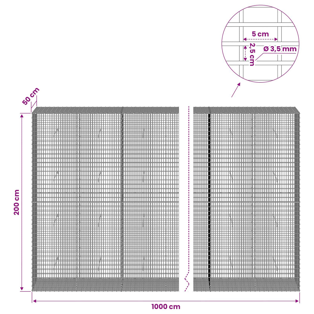 Gabionas su 3,5 mm viela ir 5x2,5 cm tinkleliu 1000x50x200 cm