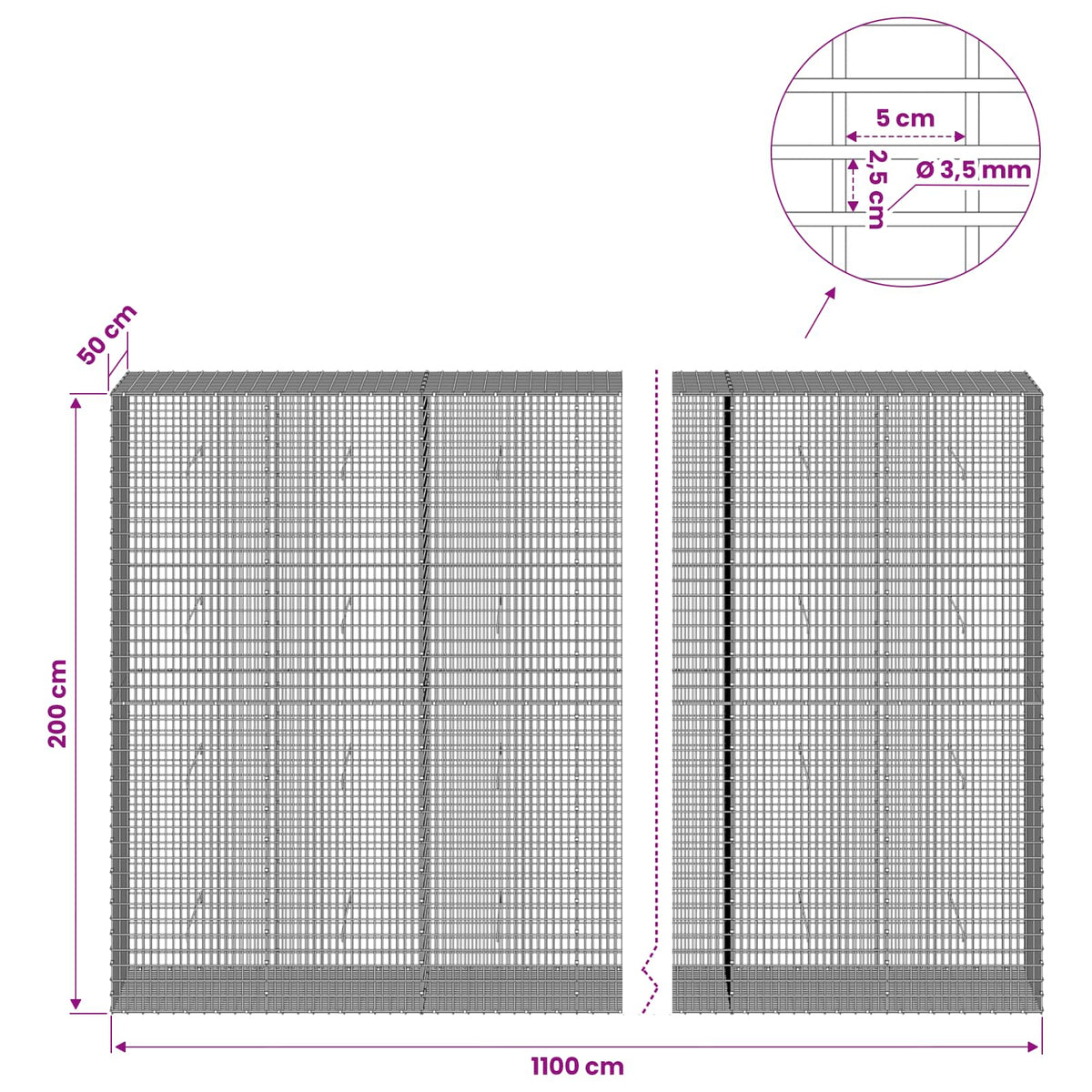 Gabionas su 3,5 mm viela ir 5x2,5 cm tinkleliu 1100x50x200 cm