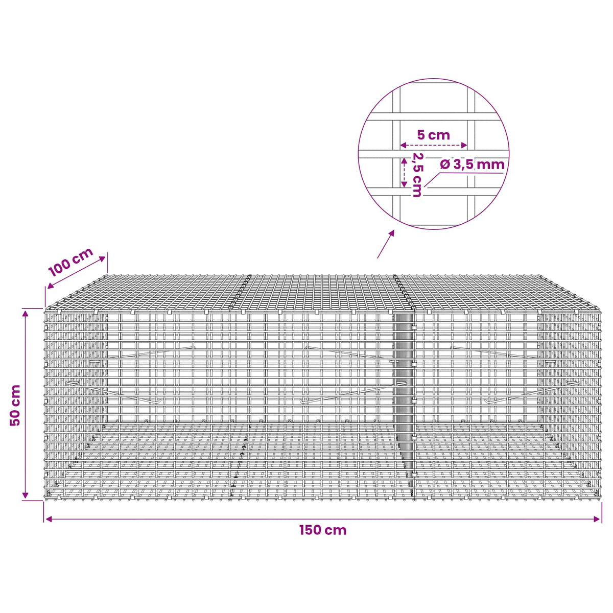 Gabionas su 3,5 mm viela ir 5x2,5 cm tinkleliu 150x100x50 cm