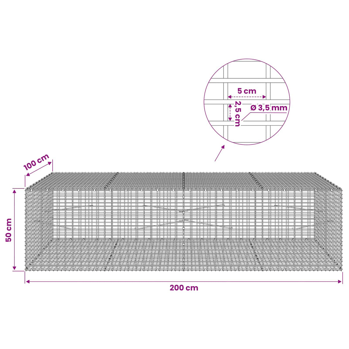 Gabionas su 3,5 mm viela ir 5x2,5 cm tinkleliu 200x100x50 cm