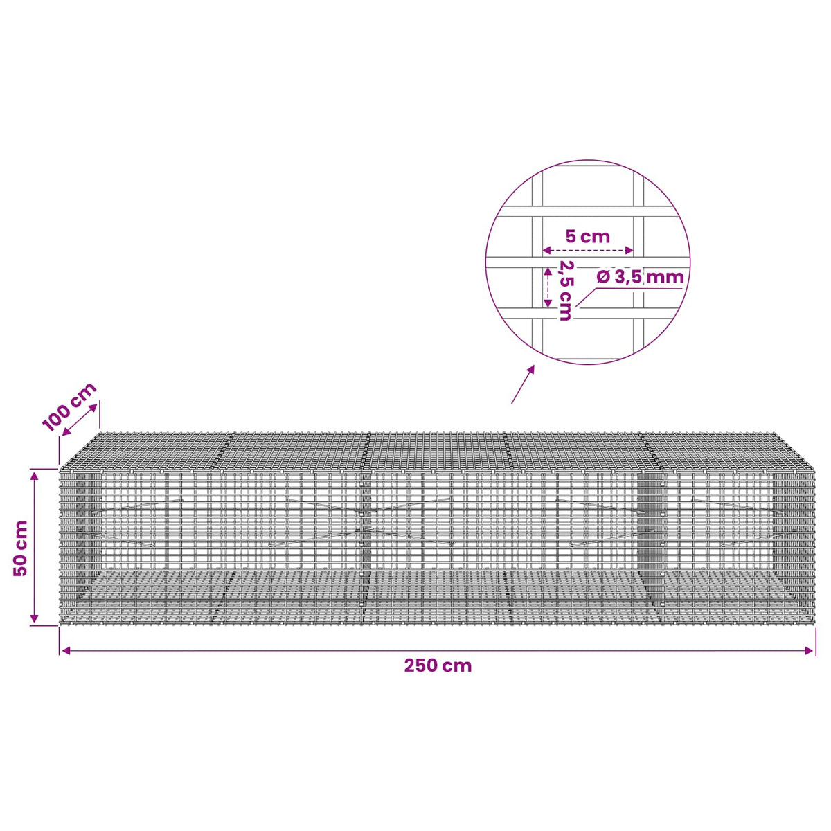 Gabionas su 3,5 mm viela ir 5x2,5 cm tinkleliu 250x100x50 cm