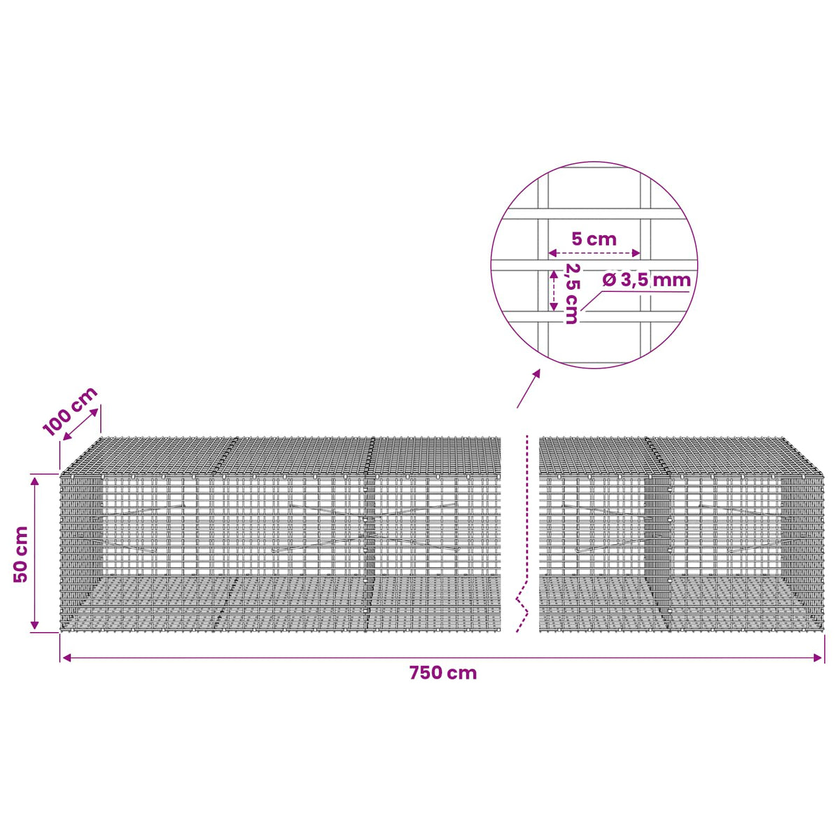 Gabionas su 3,5 mm viela ir 5x2,5 cm tinkleliu 750x100x50 cm