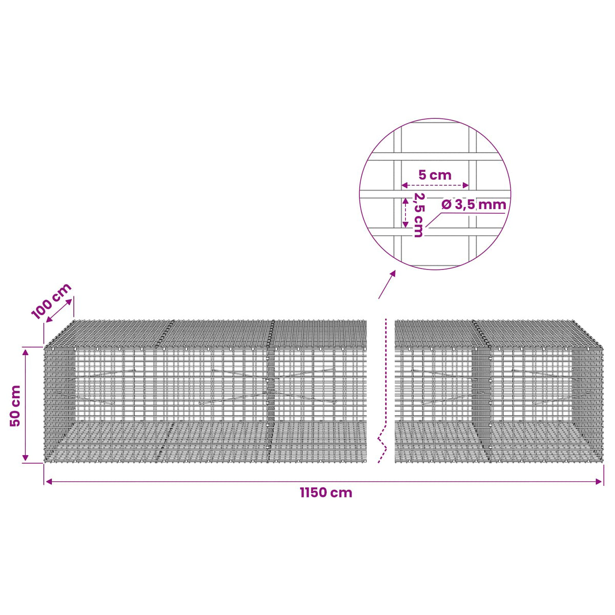 Gabionas su 3,5 mm viela ir 5x2,5 cm tinkleliu 1150x100x50 cm