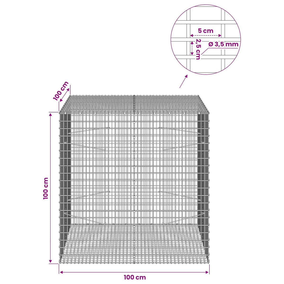 Gabionas su 3,5 mm viela ir 5x2,5 cm tinkleliu 100x100x100 cm