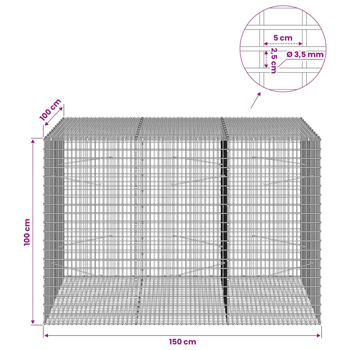 Gabionas su 3,5 mm viela ir 5x2,5 cm tinkleliu 150x100x100 cm