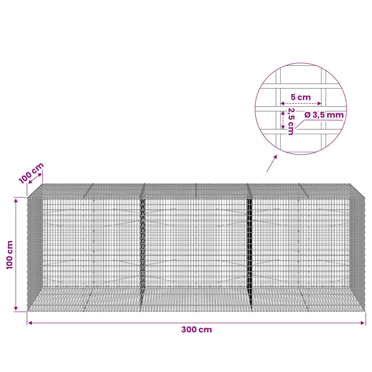 Gabionas su 3,5 mm viela ir 5x2,5 cm tinkleliu 300x100x100 cm