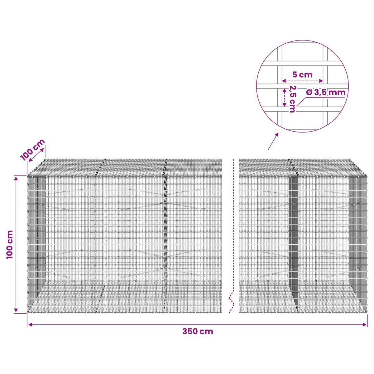 Gabionas su 3,5 mm viela ir 5x2,5 cm tinkleliu 350x100x100 cm