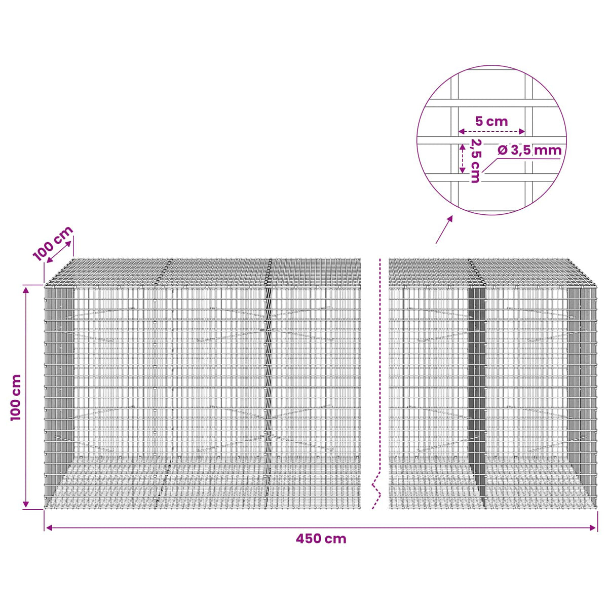 Gabionas su 3,5 mm viela ir 5x2,5 cm tinkleliu 450x100x100 cm