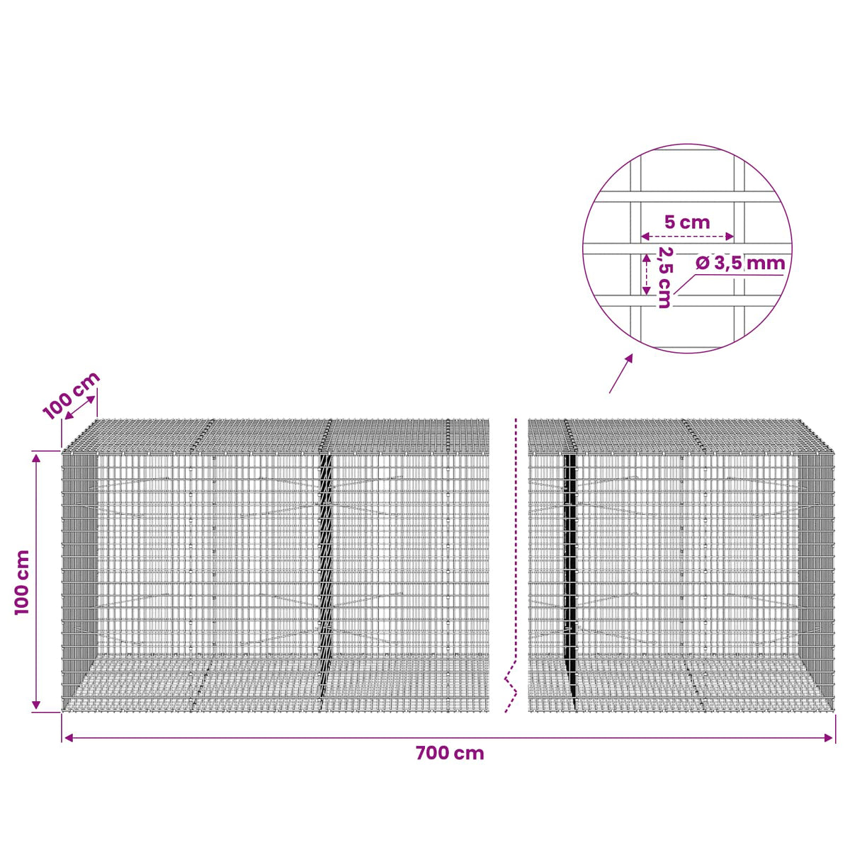 Gabionas su 3,5 mm viela ir 5x2,5 cm tinkleliu 700x100x100 cm