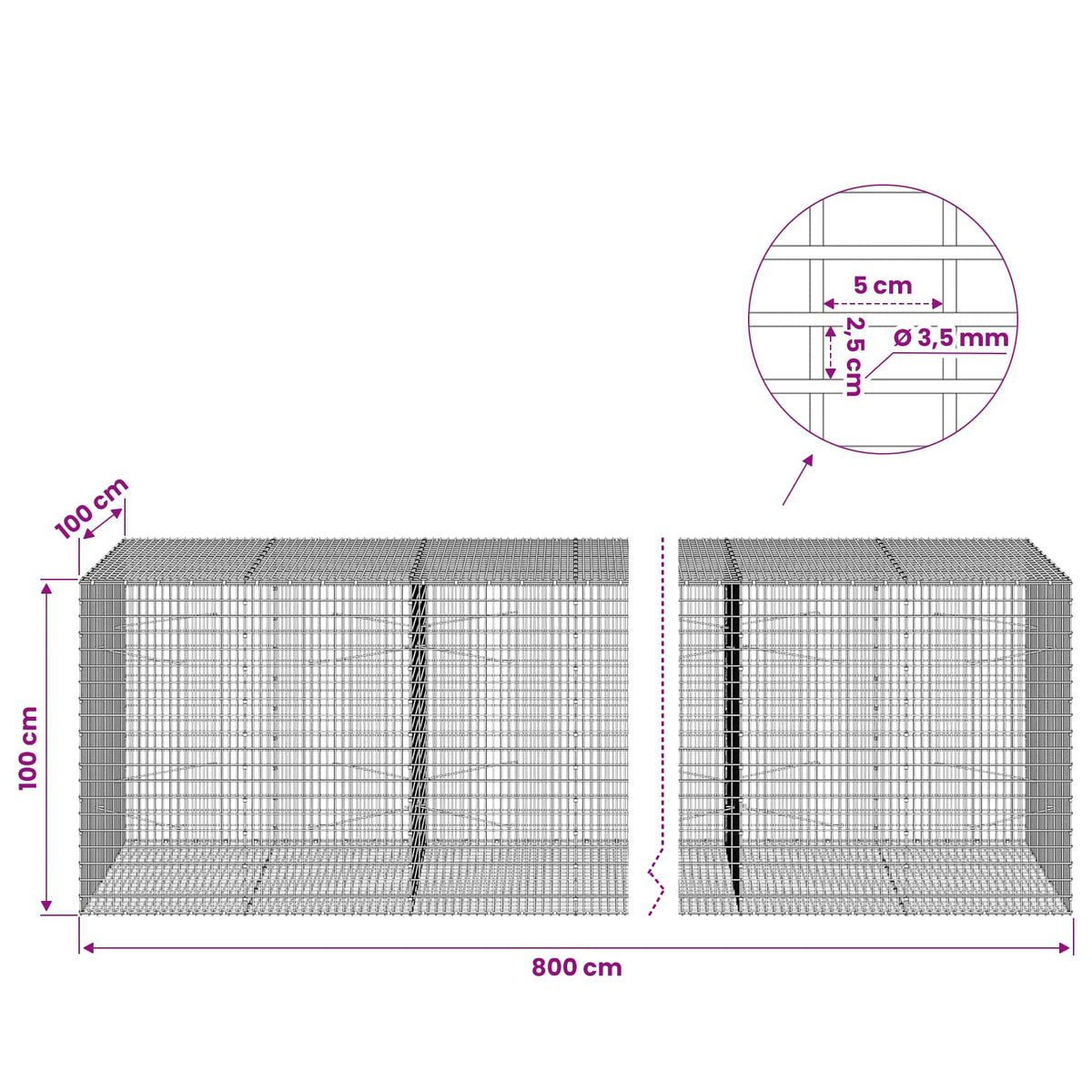 Gabionas su 3,5 mm viela ir 5x2,5 cm tinkleliu 800x100x100 cm