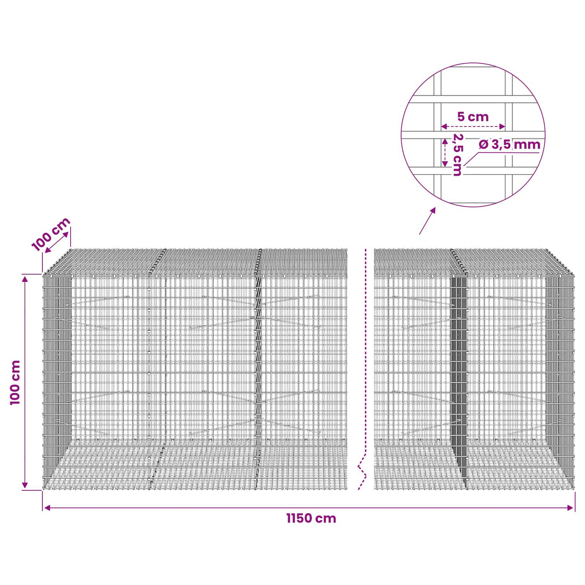 Gabionas su 3,5 mm viela ir 5x2,5 cm tinkleliu 1150x100x100 cm