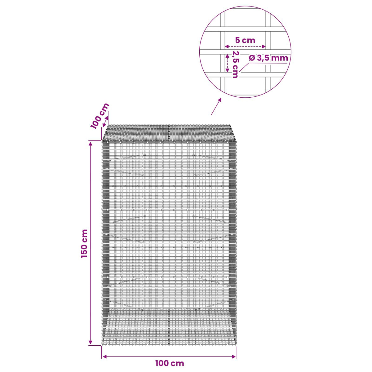 Gabionas su 3,5 mm viela ir 5x2,5 cm tinkleliu 100x100x150 cm