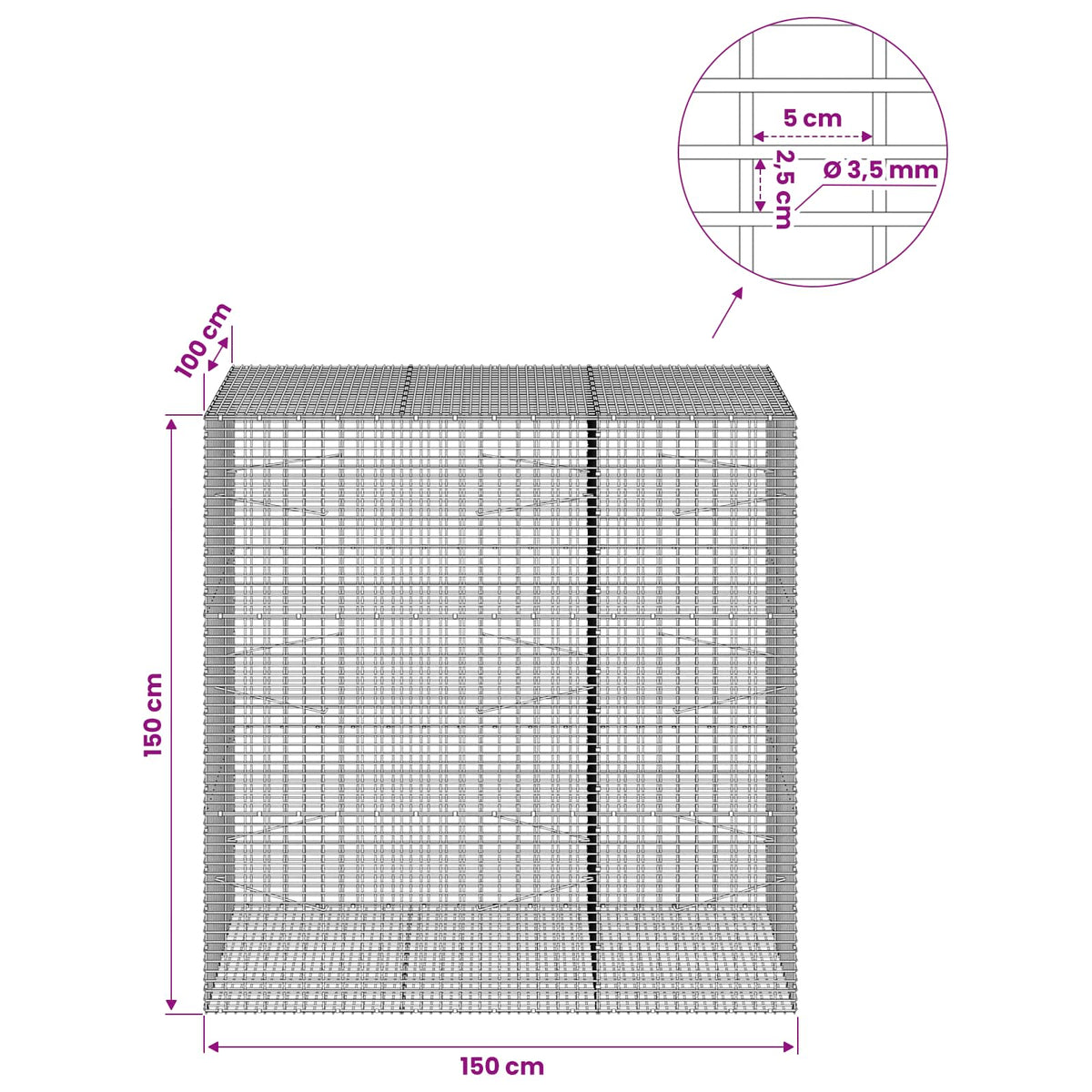 Gabionas su 3,5 mm viela ir 5x2,5 cm tinkleliu 150x100x150 cm