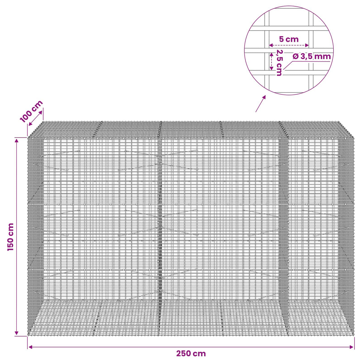 Gabionas su 3,5 mm viela ir 5x2,5 cm tinkleliu 250x100x150 cm