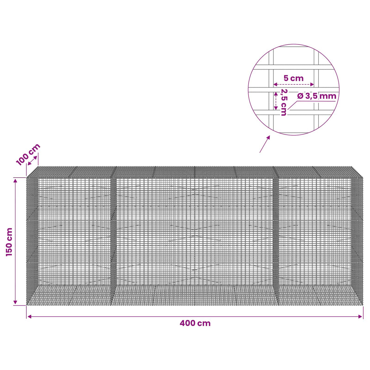 Gabionas su 3,5 mm viela ir 5x2,5 cm tinkleliu 400x100x150 cm