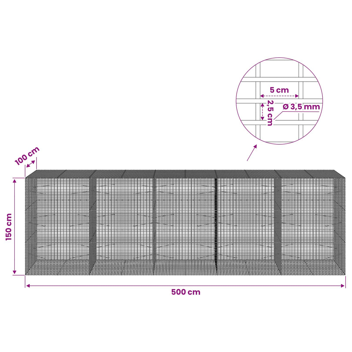 Gabionas su 3,5 mm viela ir 5x2,5 cm tinkleliu 500x100x150 cm