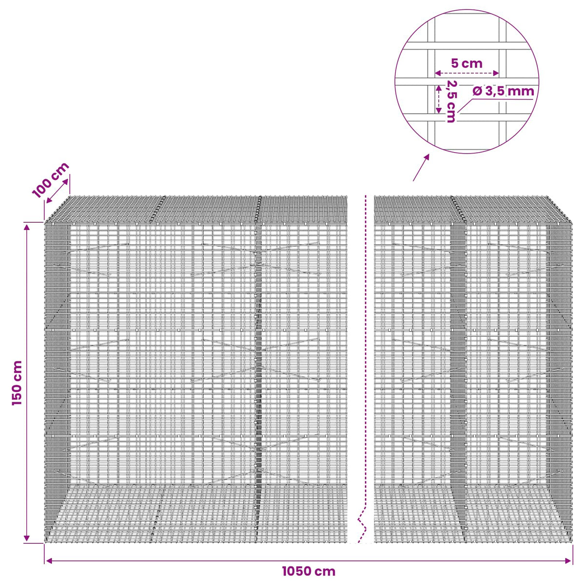 Gabionas su 3,5 mm viela ir 5x2,5 cm tinkleliu 1050x100x150 cm