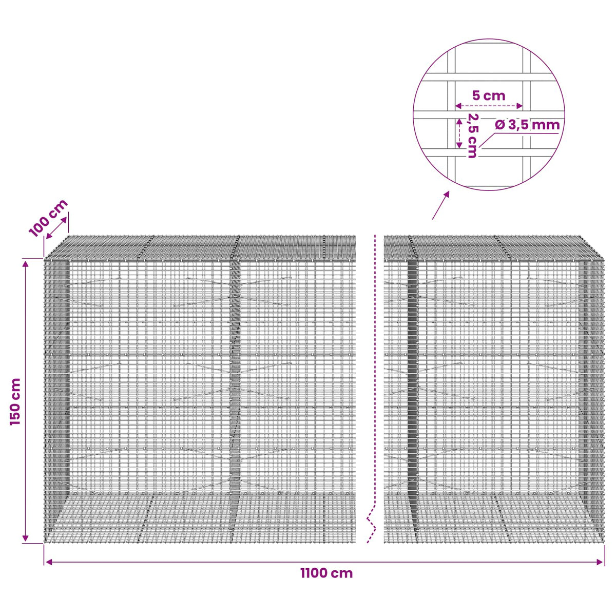 Gabionas su 3,5 mm viela ir 5x2,5 cm tinkleliu 1100x100x150 cm