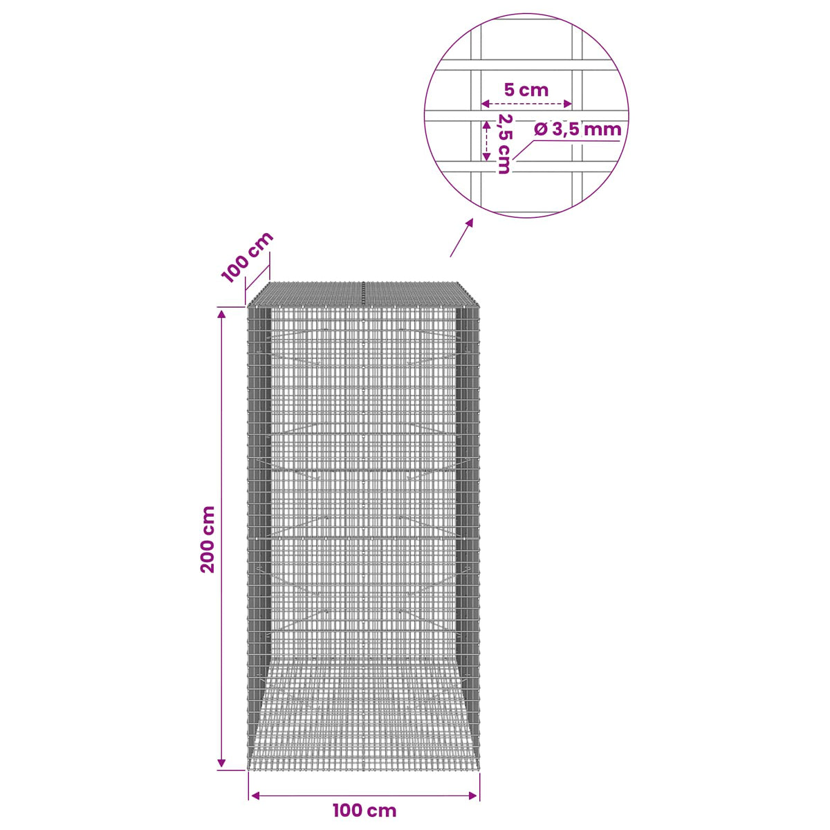 Gabionas su 3,5 mm viela ir 5x2,5 cm tinkleliu 100x100x200 cm