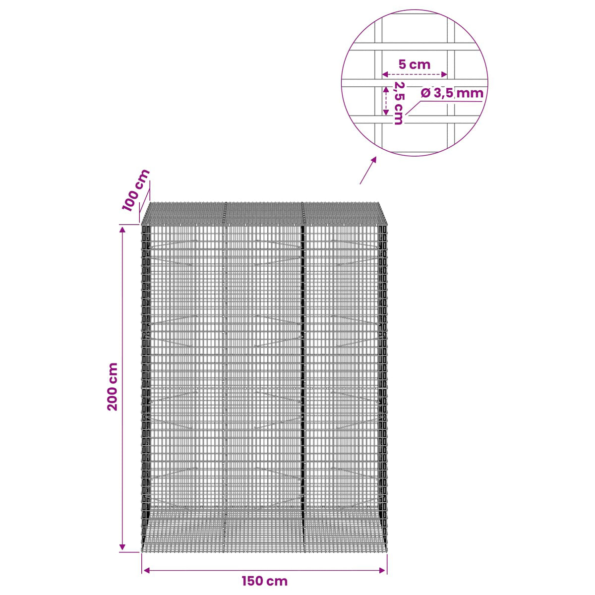 Gabionas su 3,5 mm viela ir 5x2,5 cm tinkleliu 150x100x200 cm
