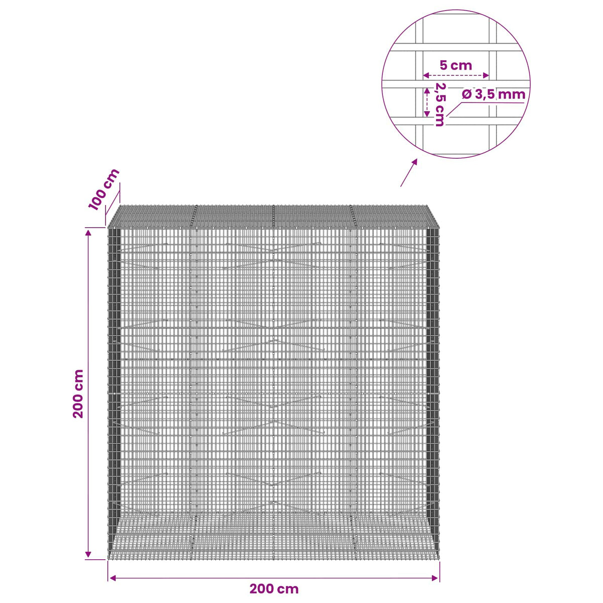 Gabionas su 3,5 mm viela ir 5x2,5 cm tinkleliu 200x100x200 cm