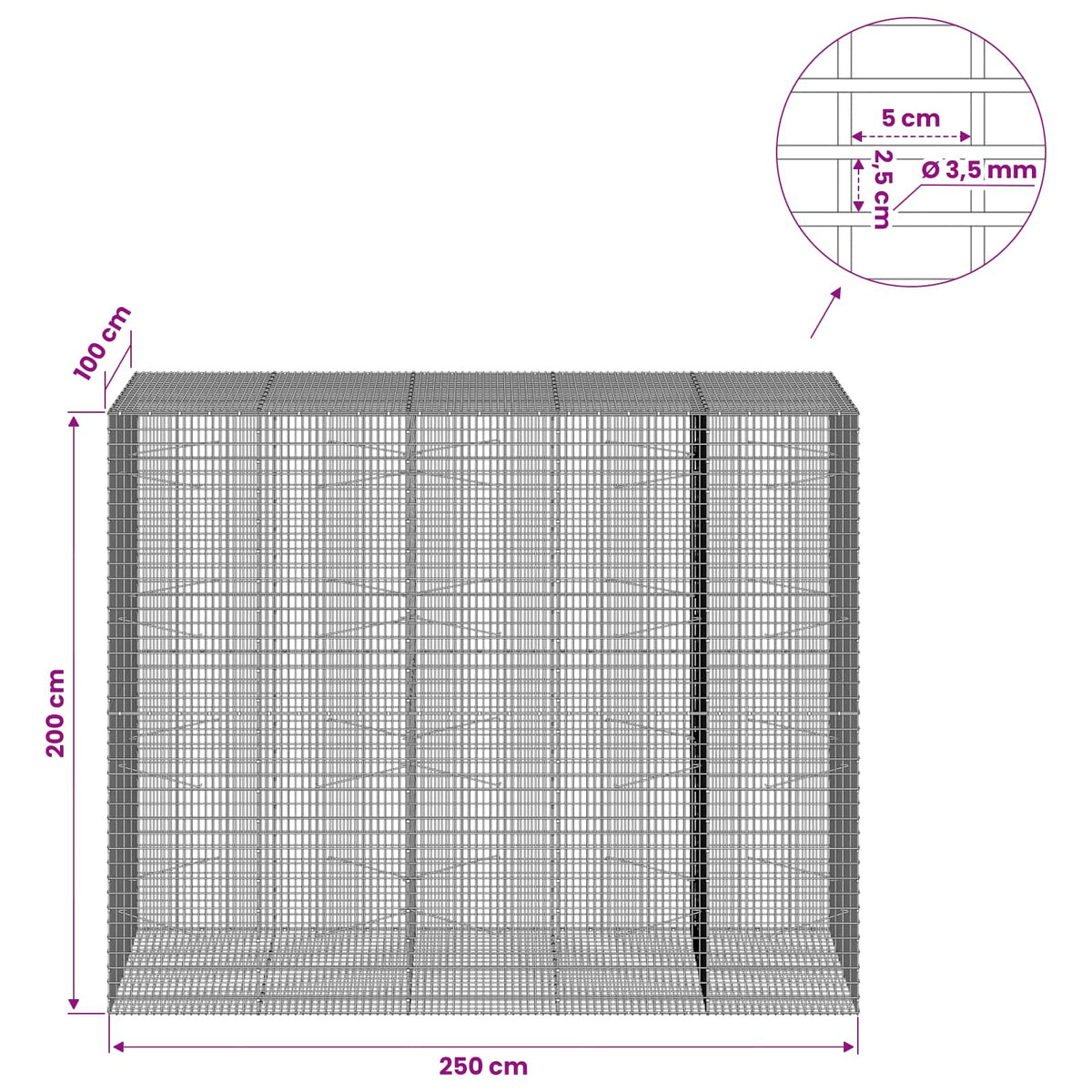 Gabionas su 3,5 mm viela ir 5x2,5 cm tinkleliu 250x100x200 cm