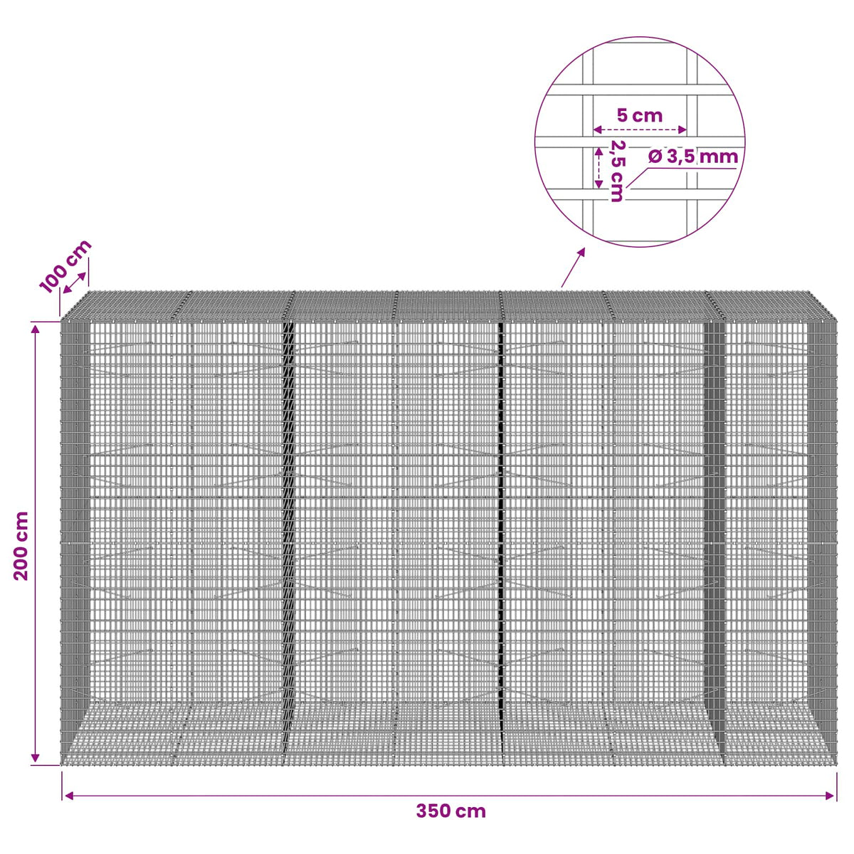 Gabionas su 3,5 mm viela ir 5x2,5 cm tinkleliu 350x100x200 cm