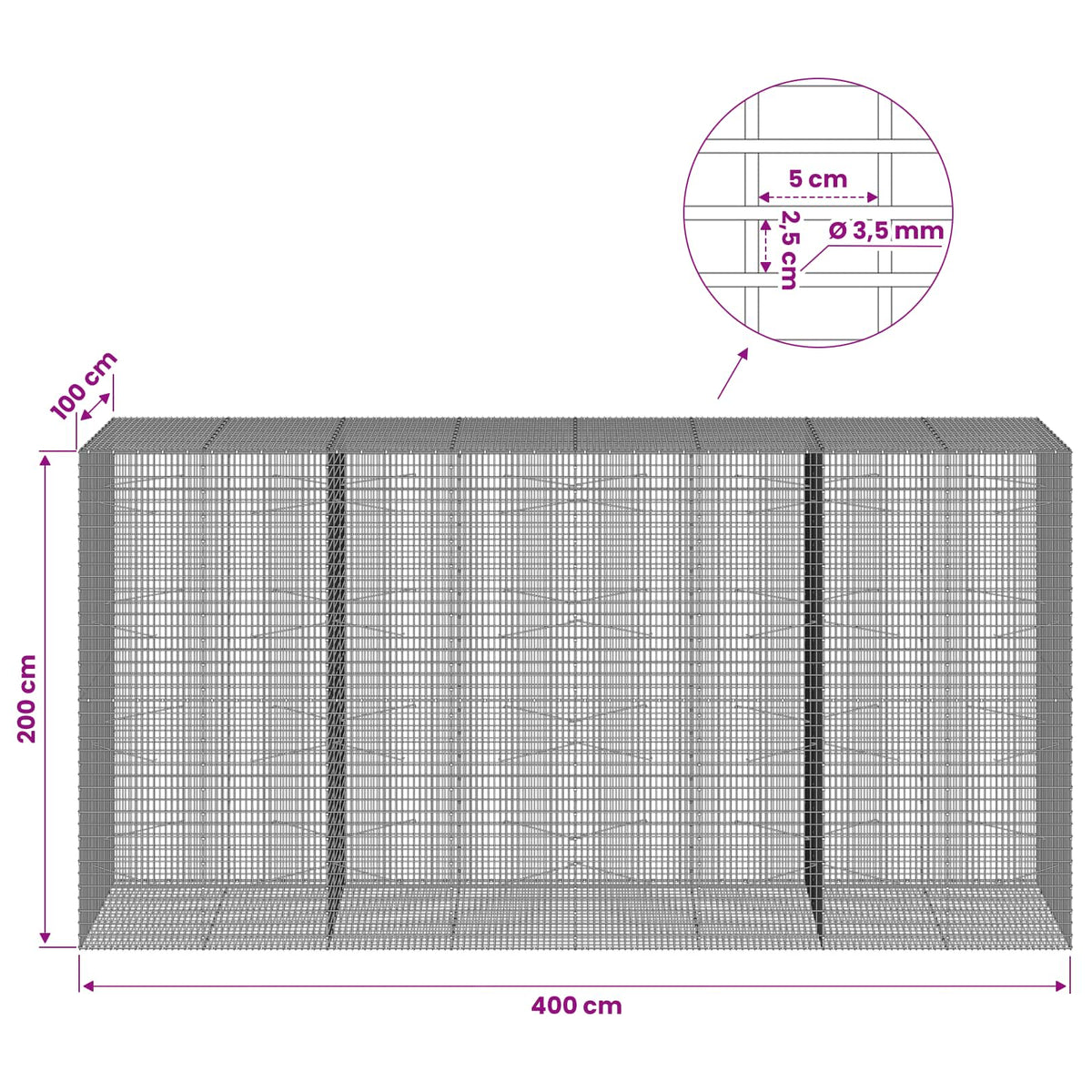 Gabionas su 3,5 mm viela ir 5x2,5 cm tinkleliu 400x100x200 cm