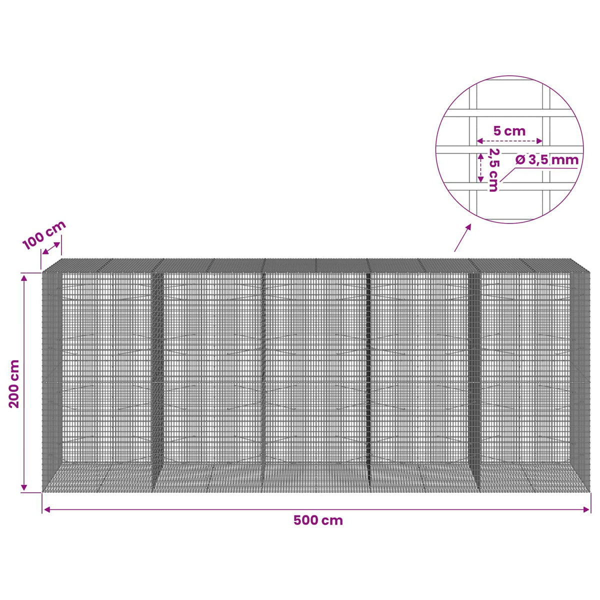 Gabionas su 3,5 mm viela ir 5x2,5 cm tinkleliu 500x100x200 cm