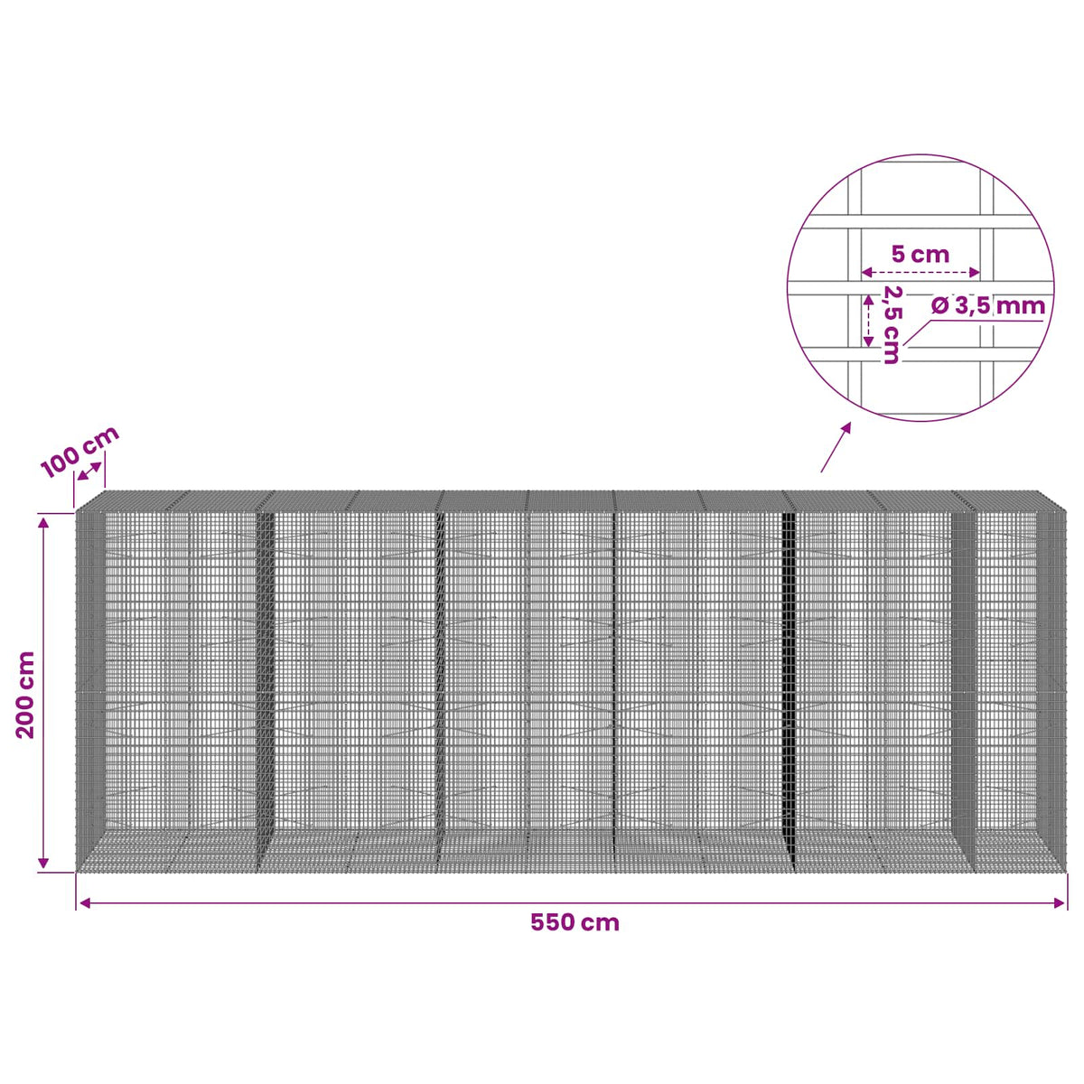 Gabionas su 3,5 mm viela ir 5x2,5 cm tinkleliu 550x100x200 cm