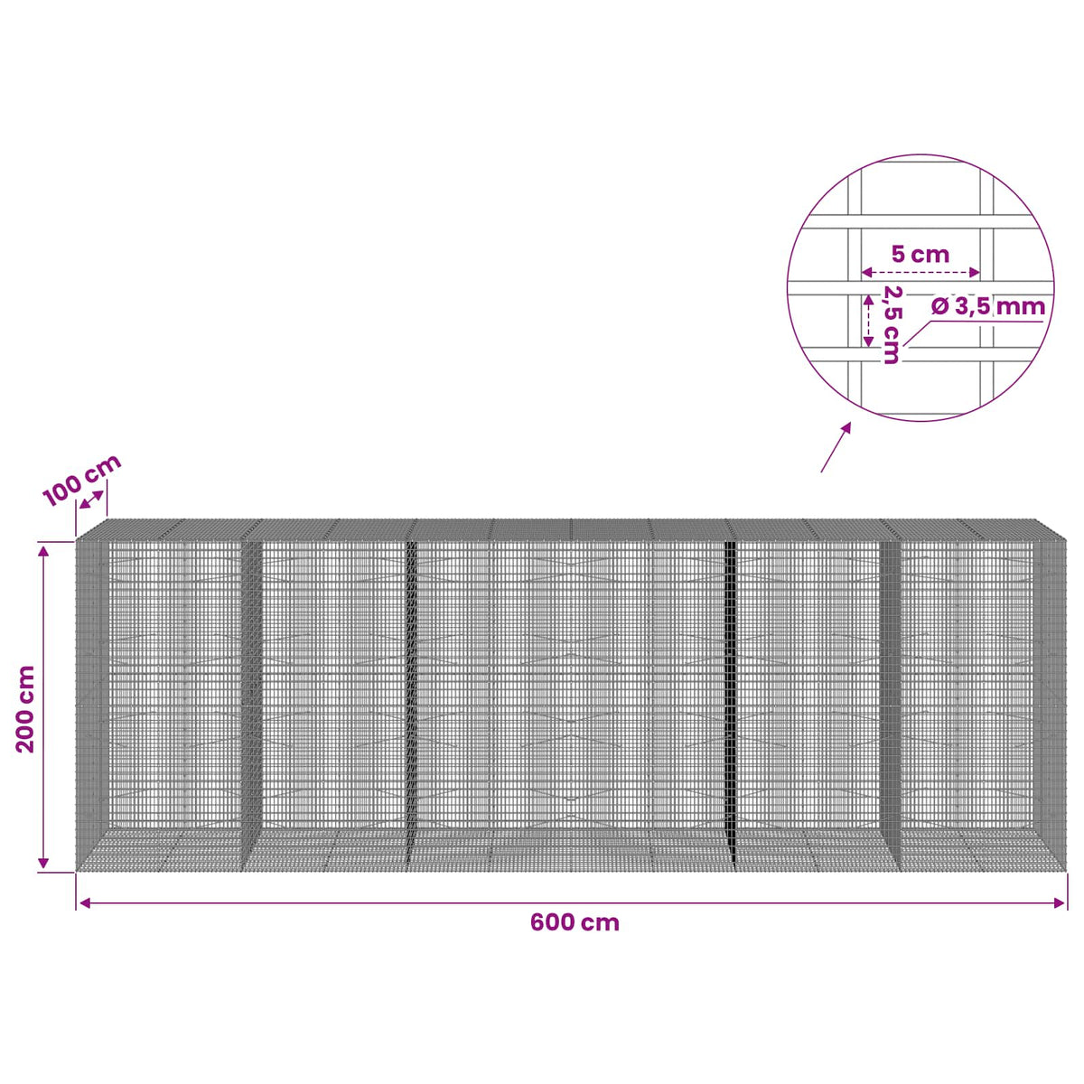 Gabionas su 3,5 mm viela ir 5x2,5 cm tinkleliu 600x100x200 cm