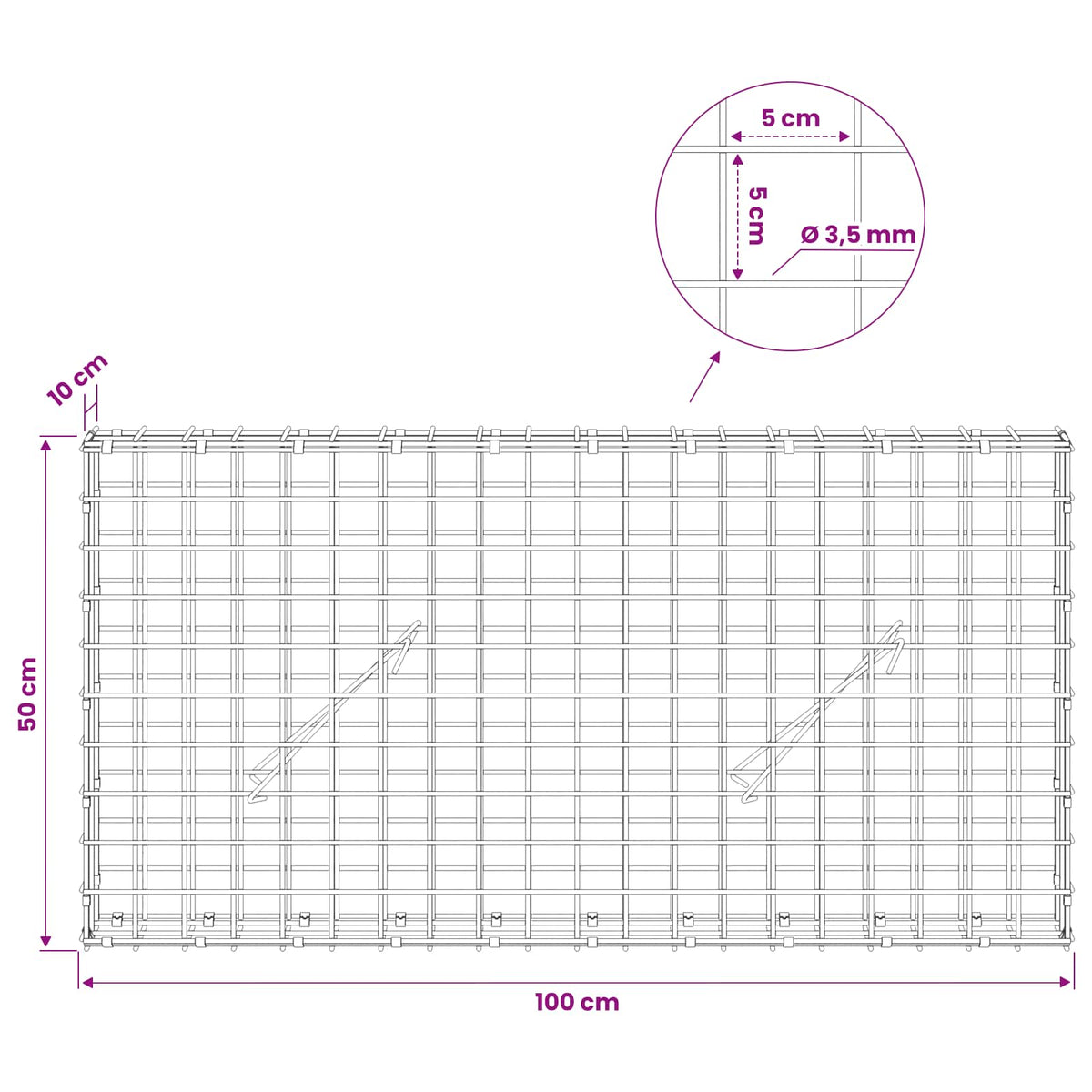 Gabionas su 3,5 mm laidu ir 5x5 cm tinkleliu 100x10x50 cm