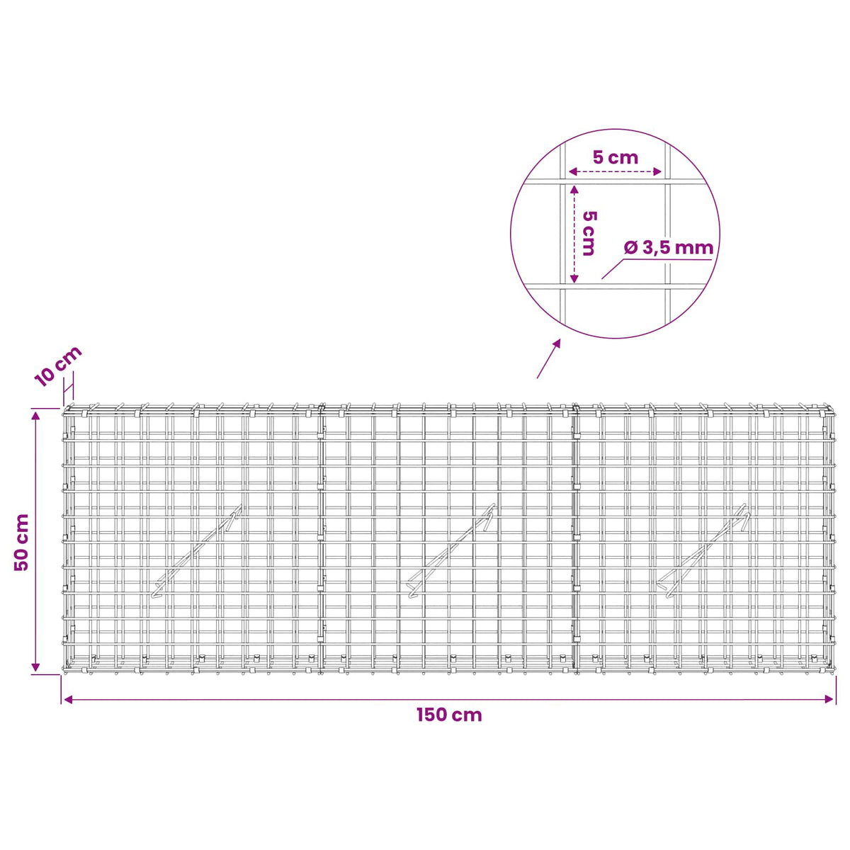 Gabionas su 3,5 mm laidu ir 5x5 cm tinkleliu 150x10x50 cm