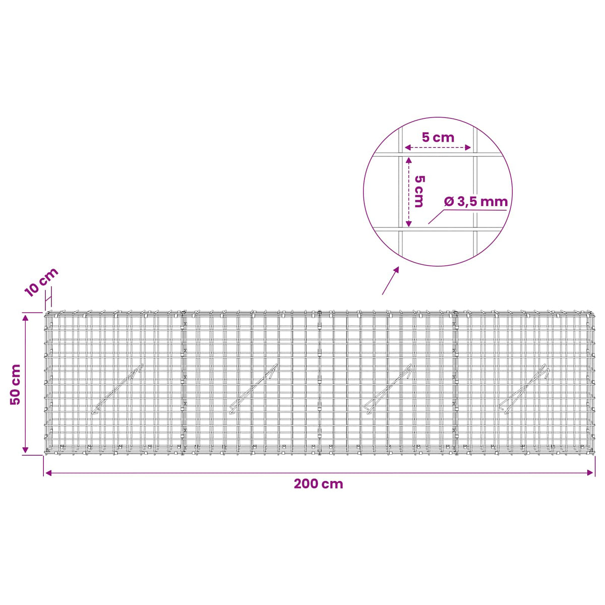 Gabionas su 3,5 mm laidu ir 5x5 cm tinkleliu 200x10x50 cm