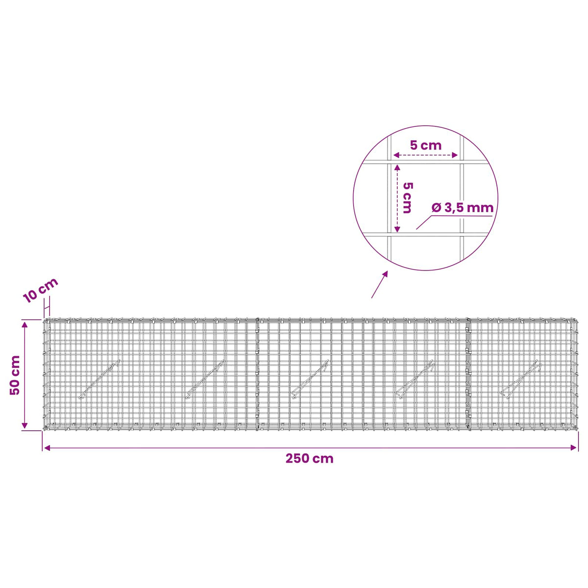 Gabionas su 3,5 mm laidu ir 5x5 cm tinkleliu 250x10x50 cm