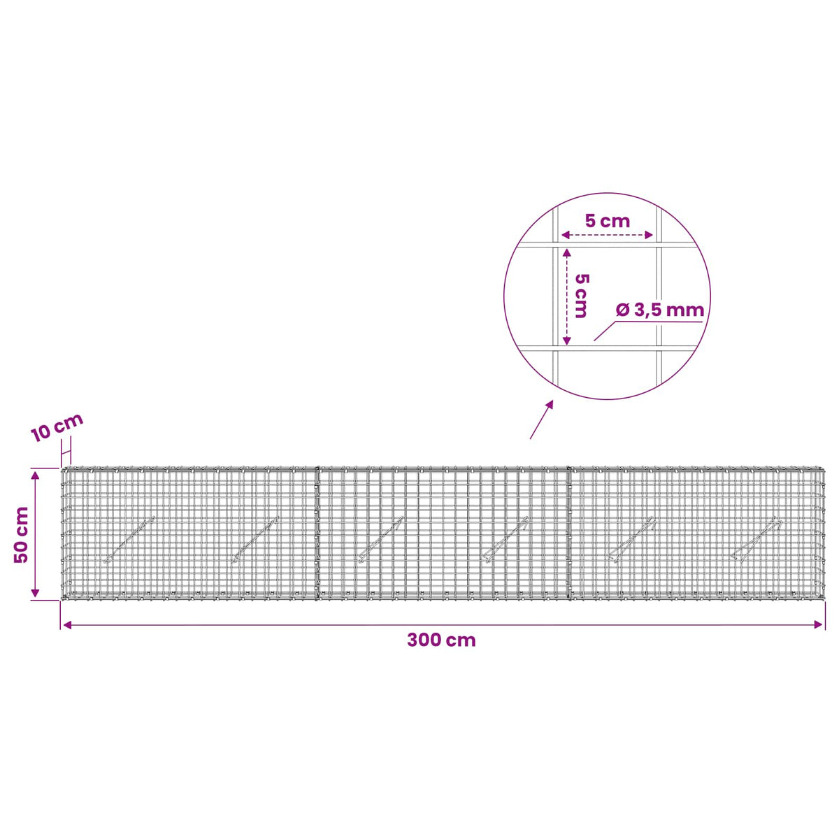 Gabionas su 3,5 mm laidu ir 5x5 cm tinkleliu 300x10x50 cm