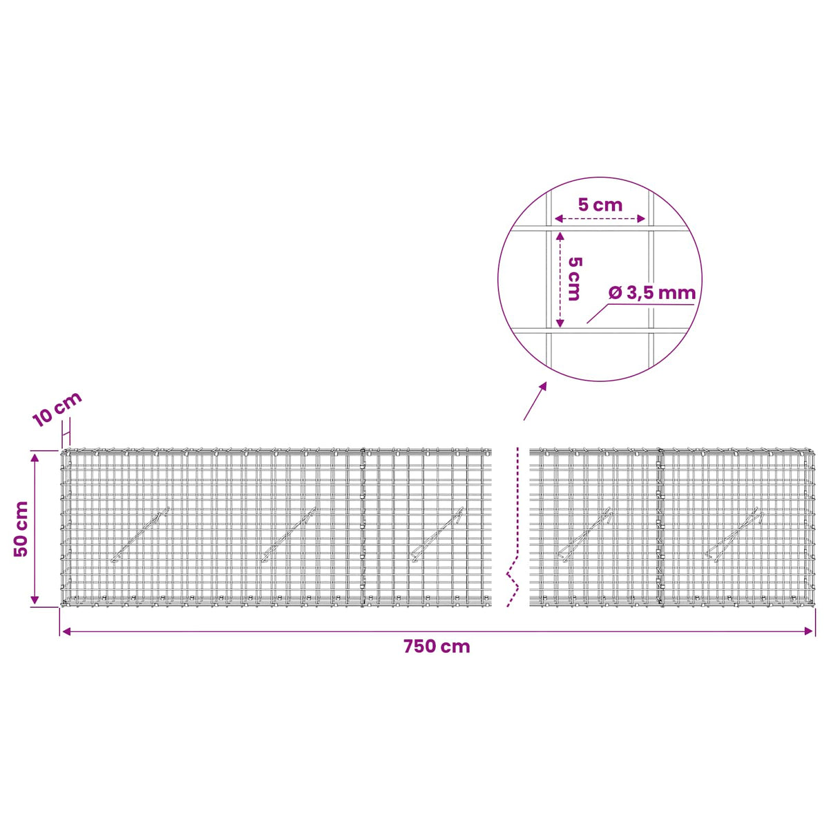 Gabionas su 3,5 mm laidu ir 5x5 cm tinkleliu 750x10x50 cm